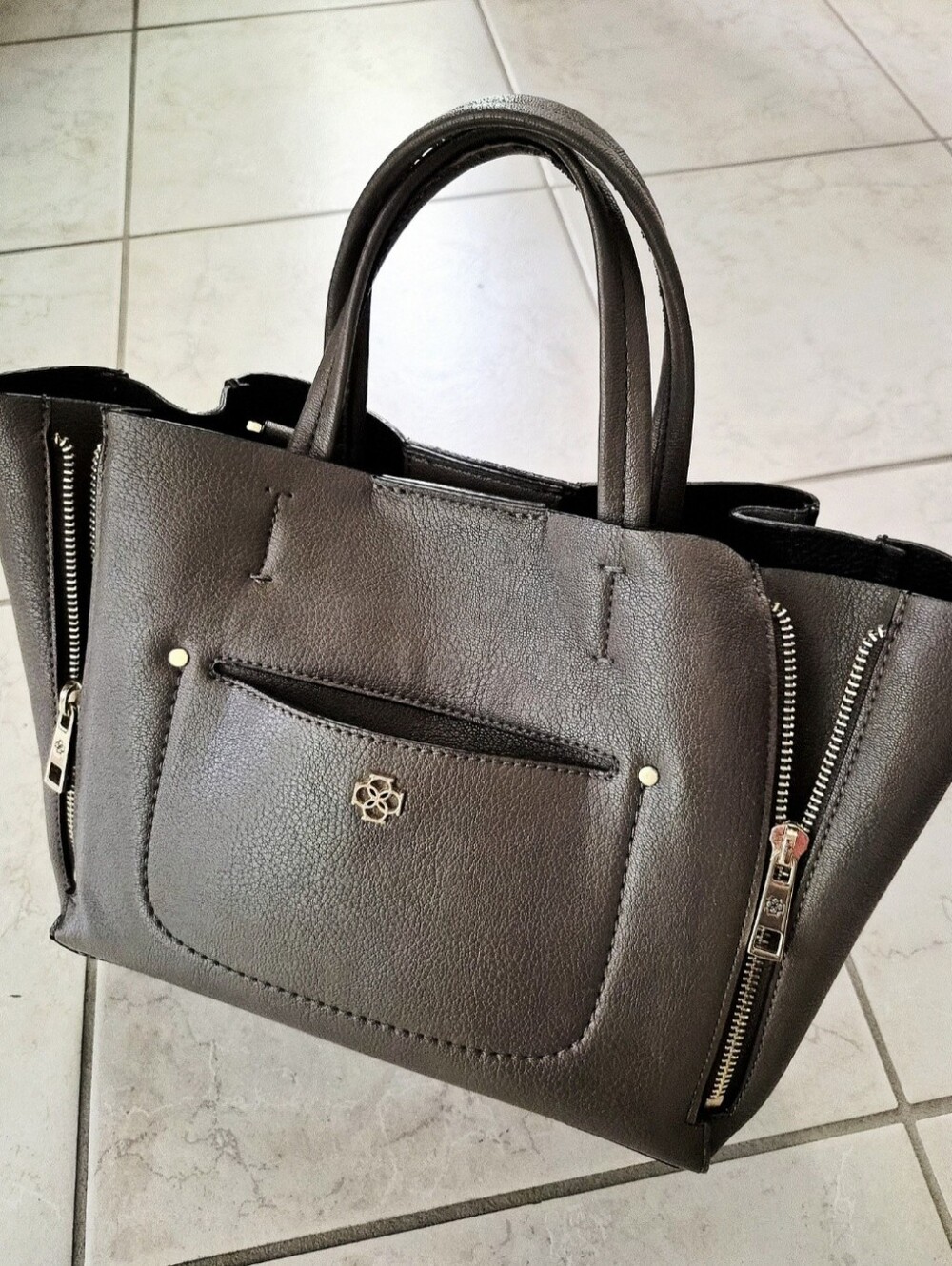 Ann Taylor Signature Mini Pebbled Gusset Tote Taupe Expandable Removable Strap